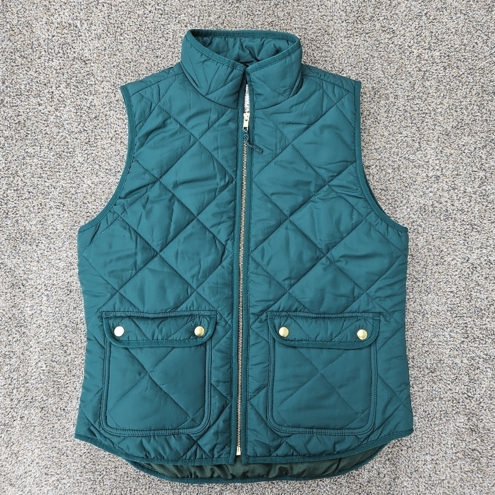 J Crew Excursion Quilted Puffer Vest Green Equestrian Gold Hardware Womens Small
